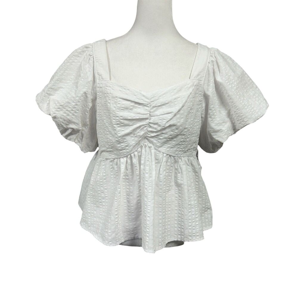 NEW Old Navy May All Day Babydoll Puff Sleeve Peplum Blouse Sz L White